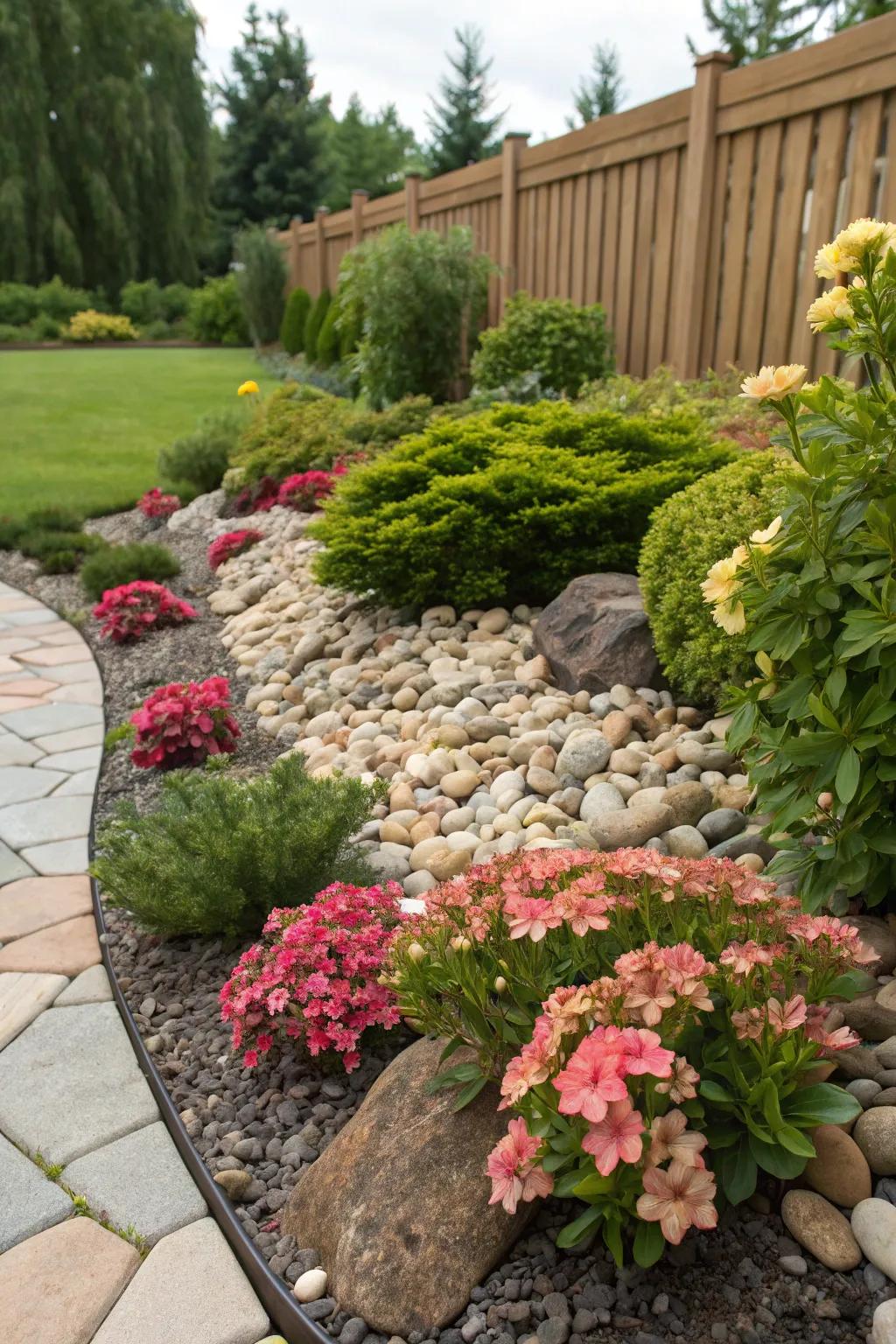 Decorative stone mulch adds texture and reduces maintenance.