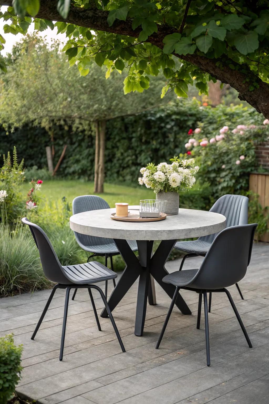 Sleek and modern, a concrete tabletop for a polished garden setup.