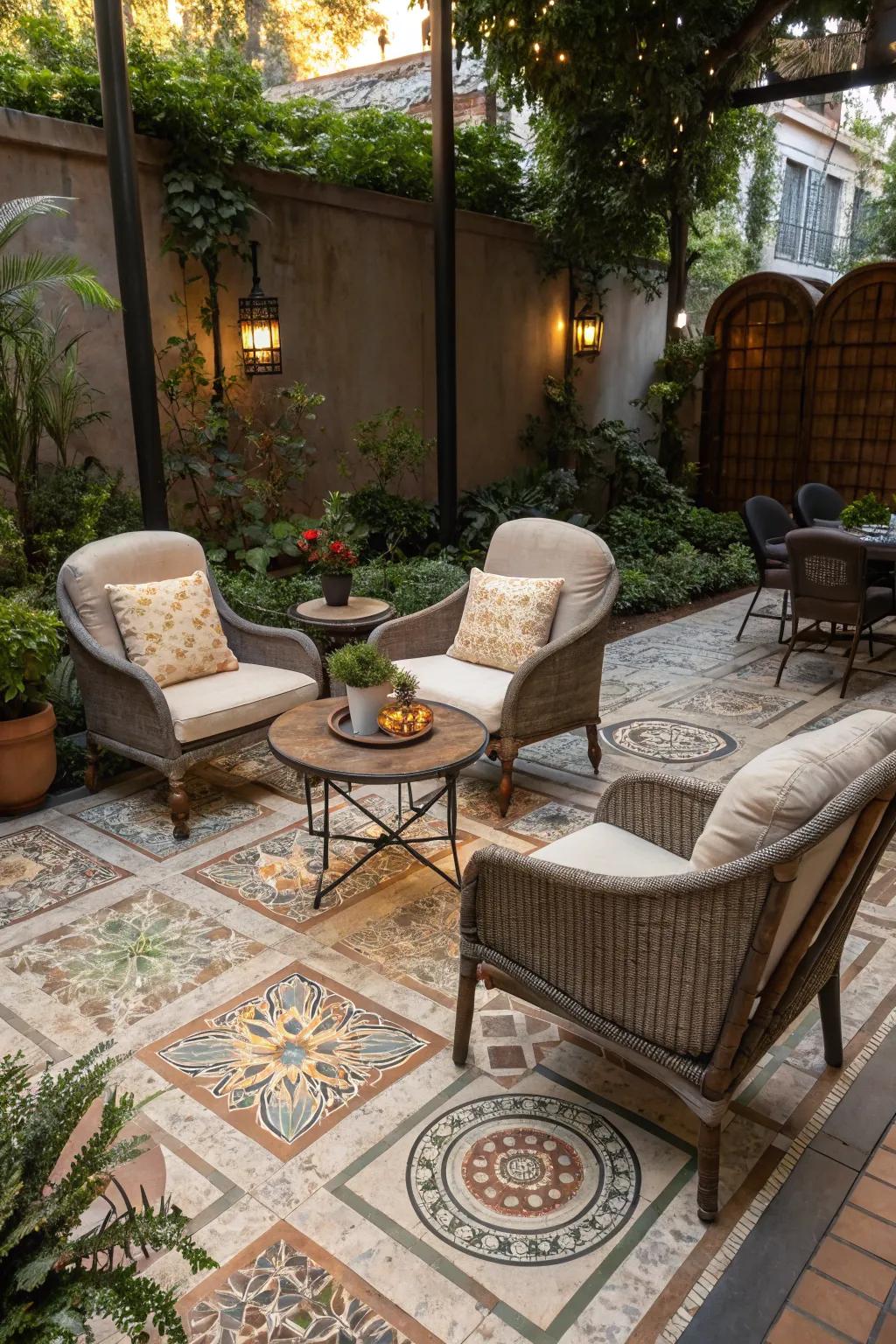 Tiled floors make garden seating areas both functional and stylish.