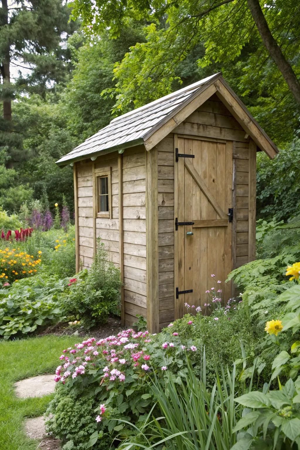 A garden shed made of natural wood blending with nature.