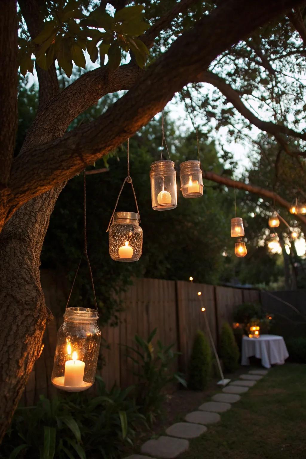 Mason jar torches bring a warm, vintage glow to garden gatherings.