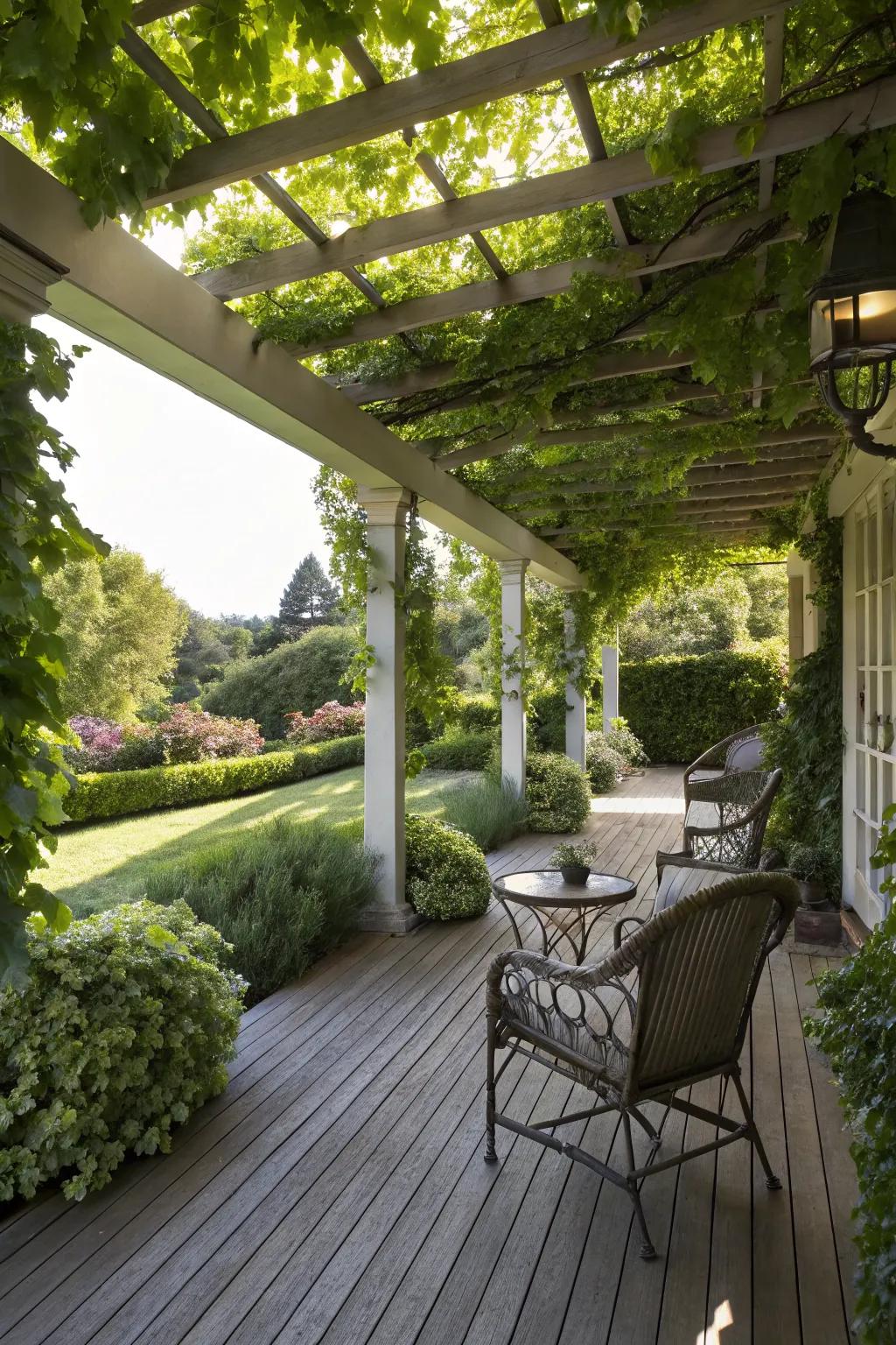 A stylish pergola provides shade and elegance to a garden veranda.