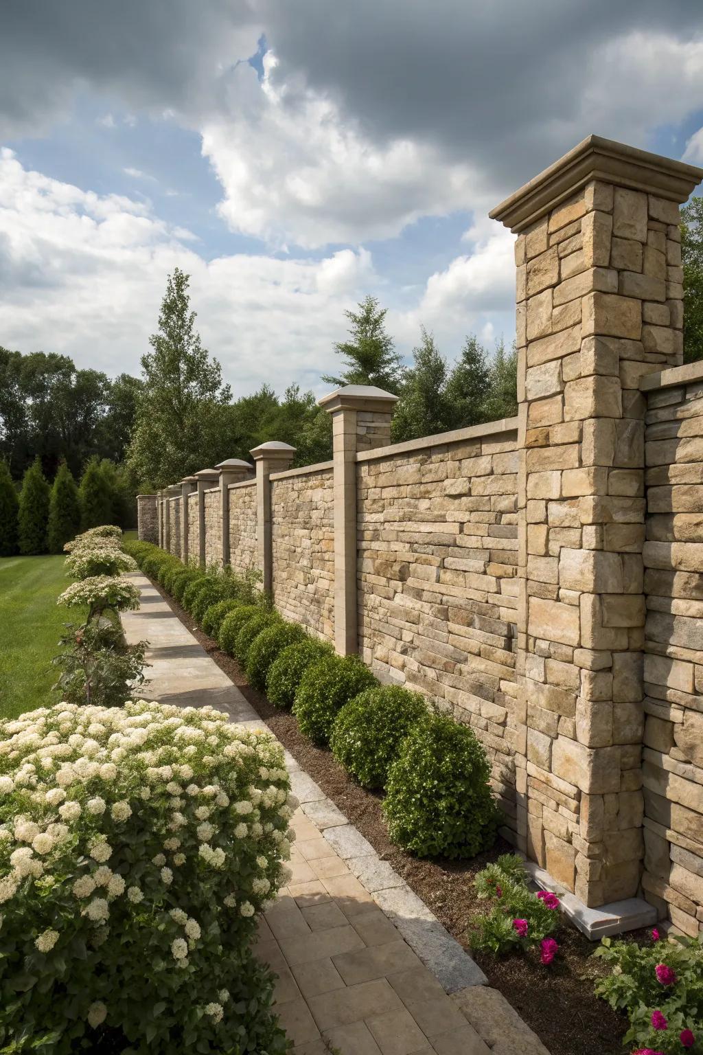 Stone veneer sheets provide a rustic elegance to garden walls.