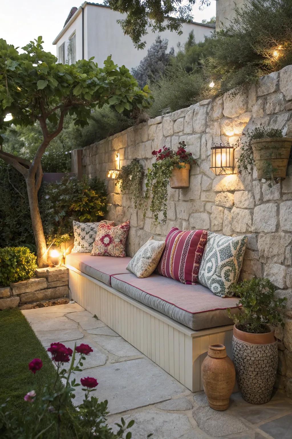 A cozy seating area turns your garden wall into a personal retreat.