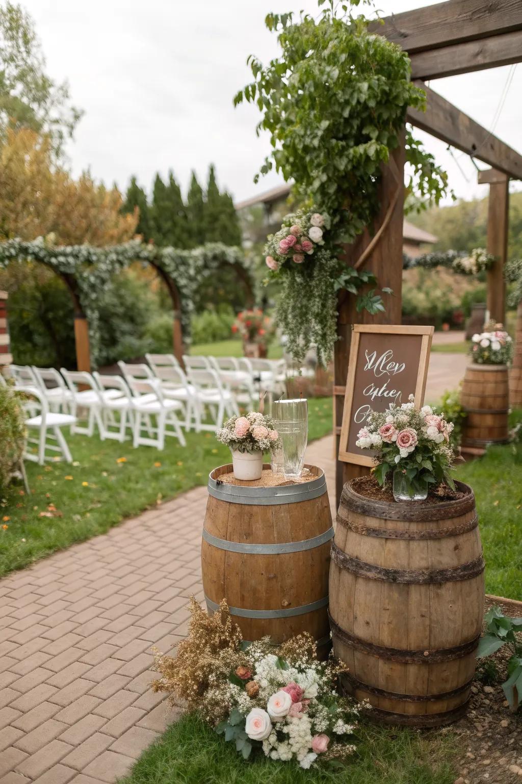 Rustic wooden elements adding charm to the garden setting.