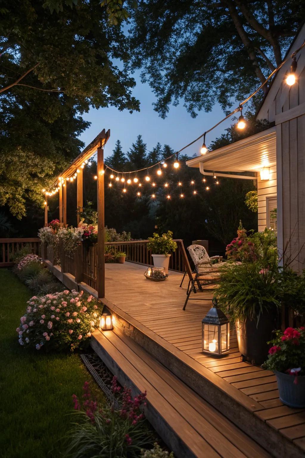 Deck lighting transforms evenings into magical experiences.
