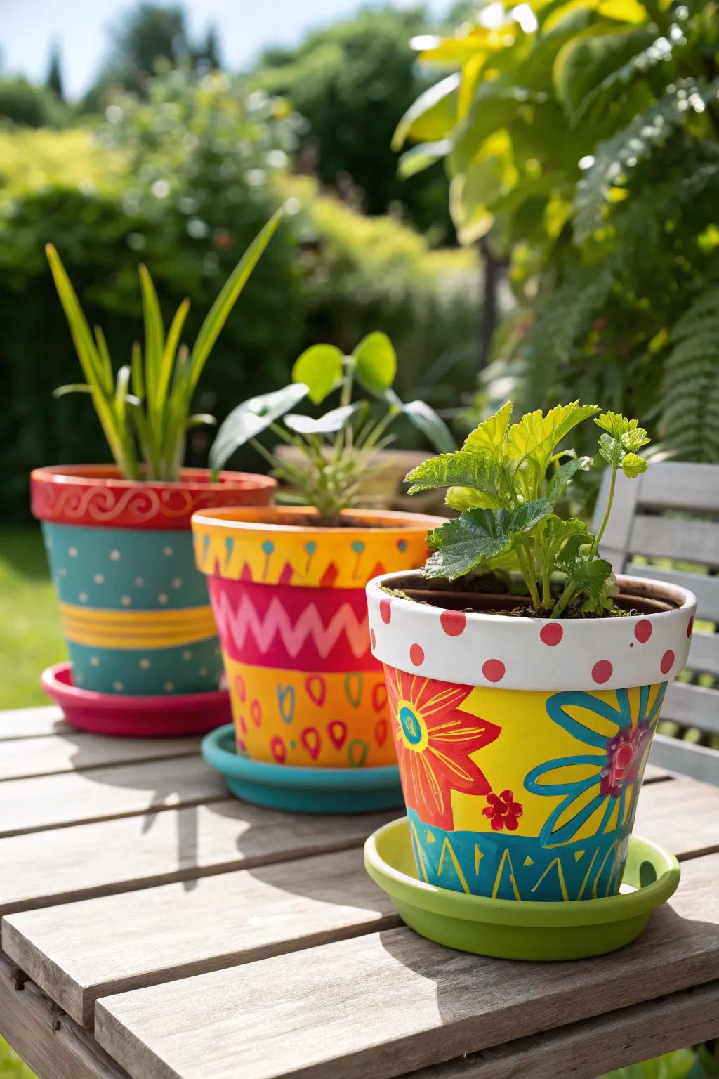 Brightly painted plant pots adding a splash of color to the garden.