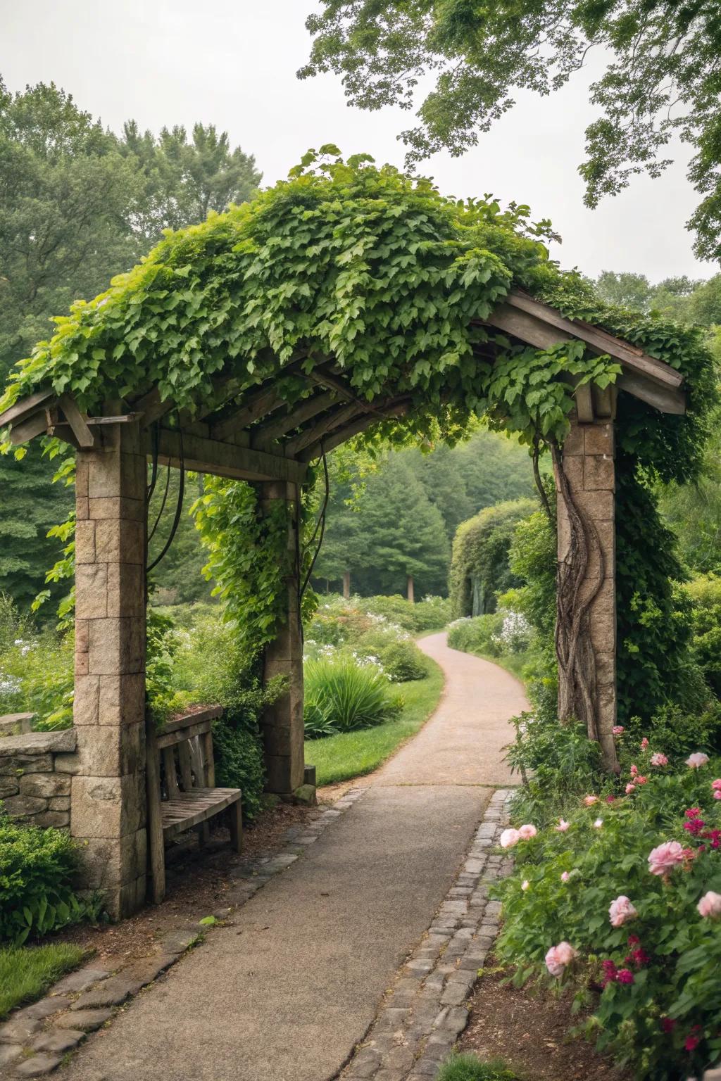 A rustic stone arbor entwined with ivy creates a natural, architectural focal point.