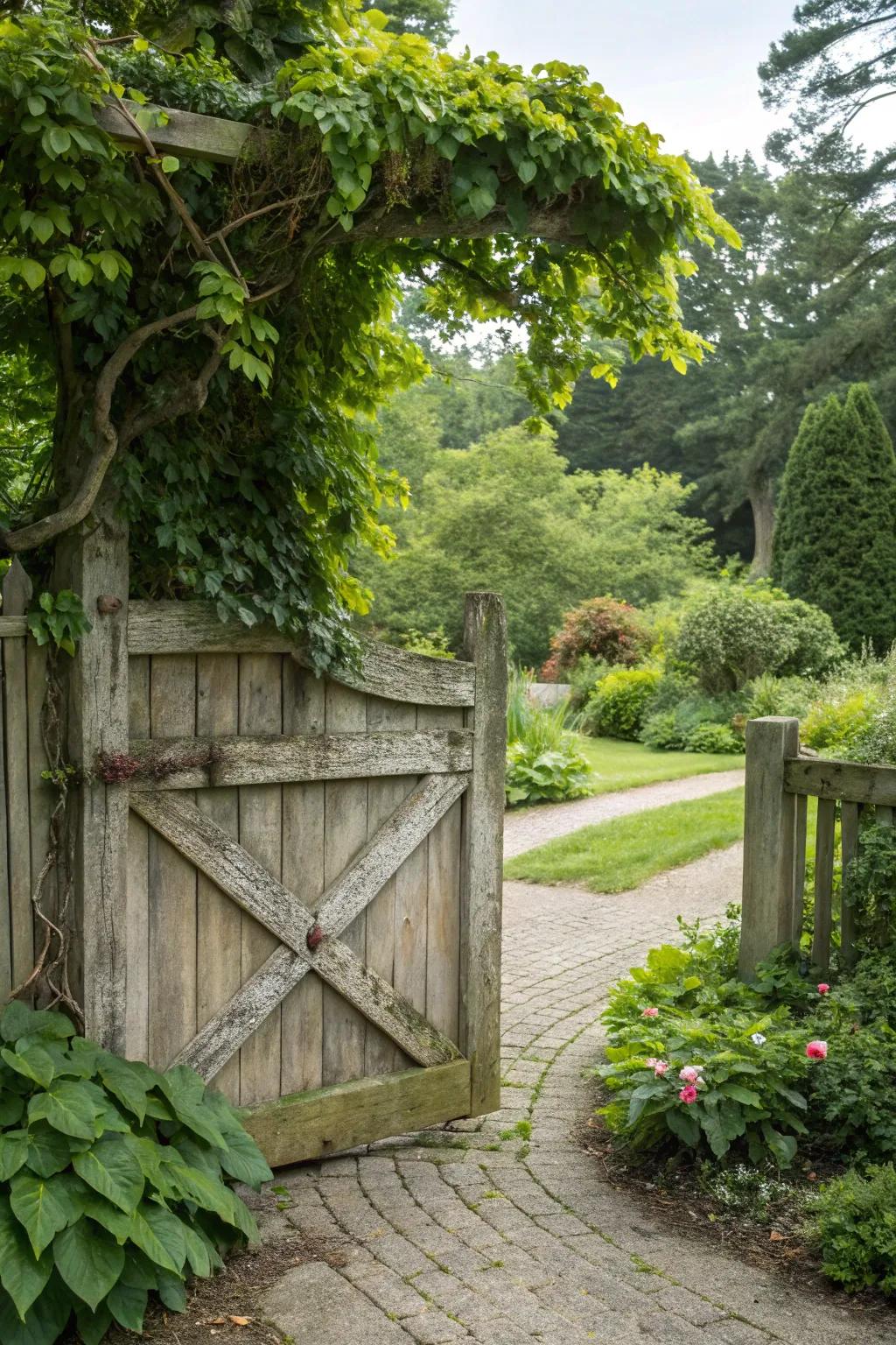 Embrace nature with this charming wooden gate.