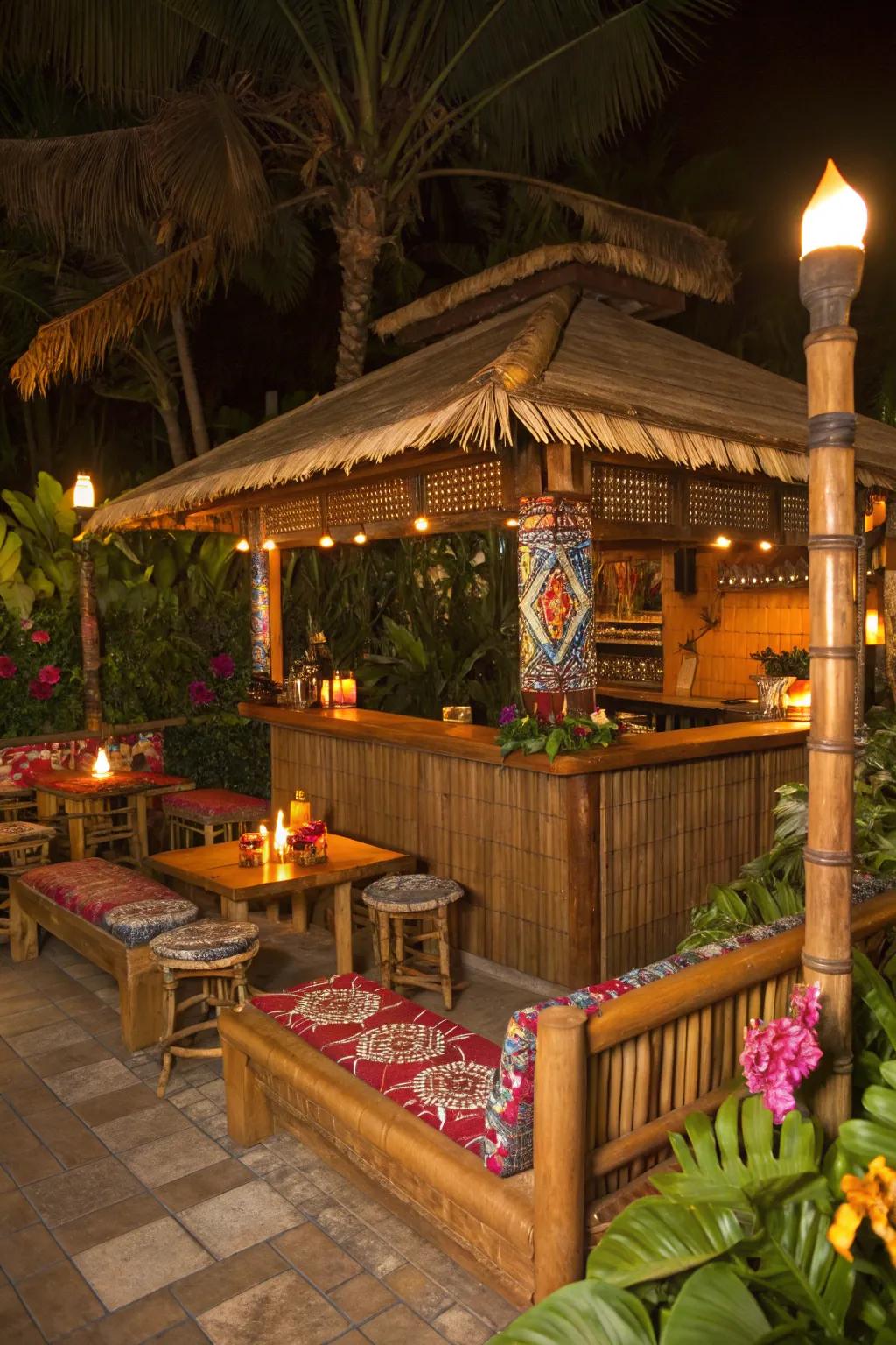 A tiki-themed gazebo bar with bamboo and lush greenery for a beachy vibe.