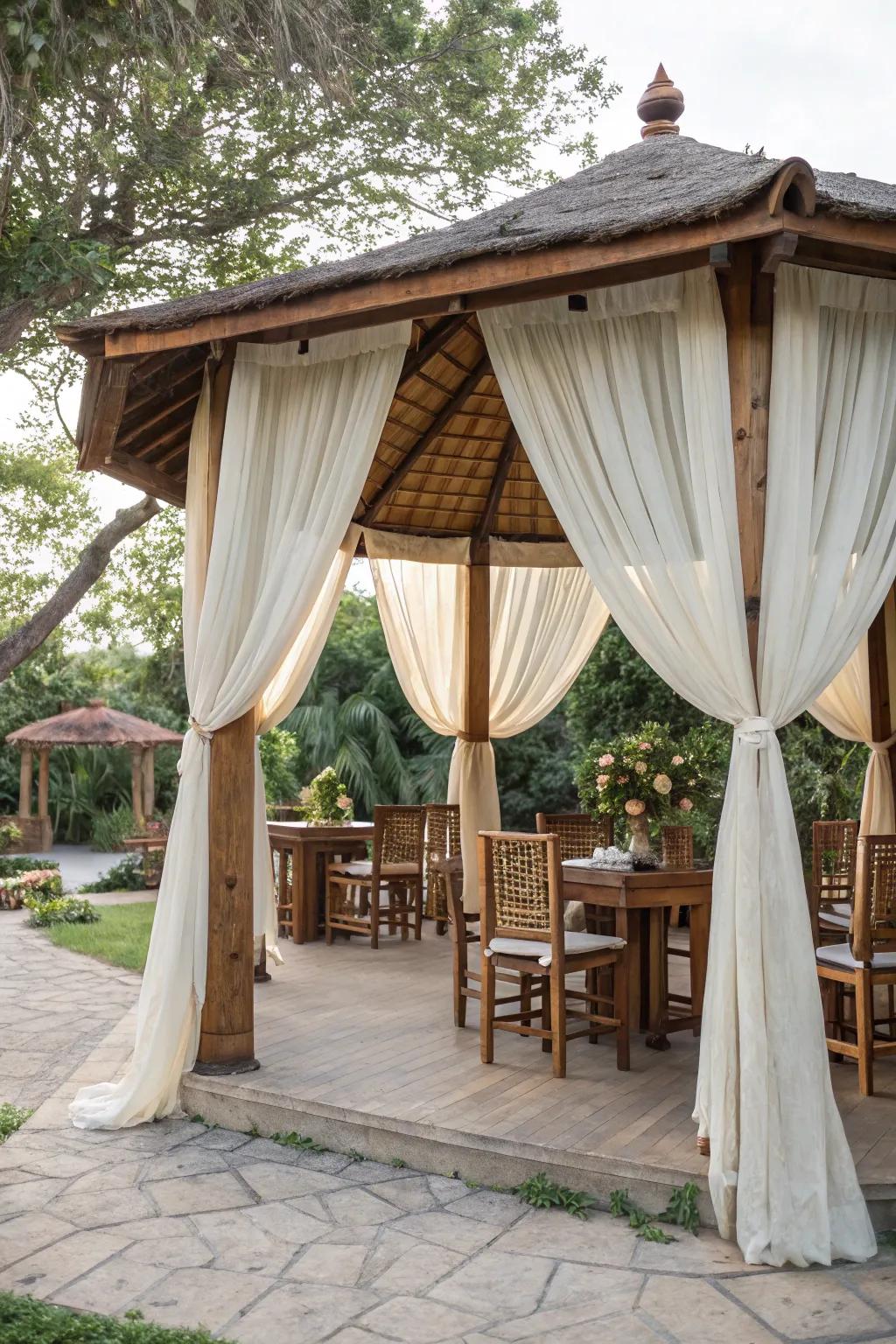 Linen curtains bring rustic charm to your outdoor haven.