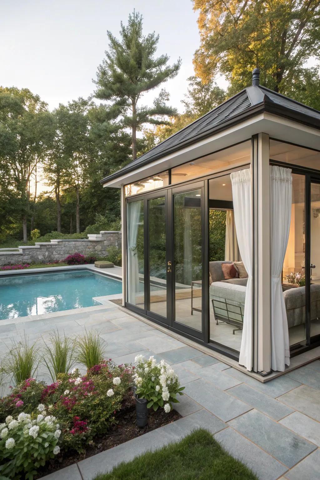 Sliding glass doors offer a modern and airy feel.