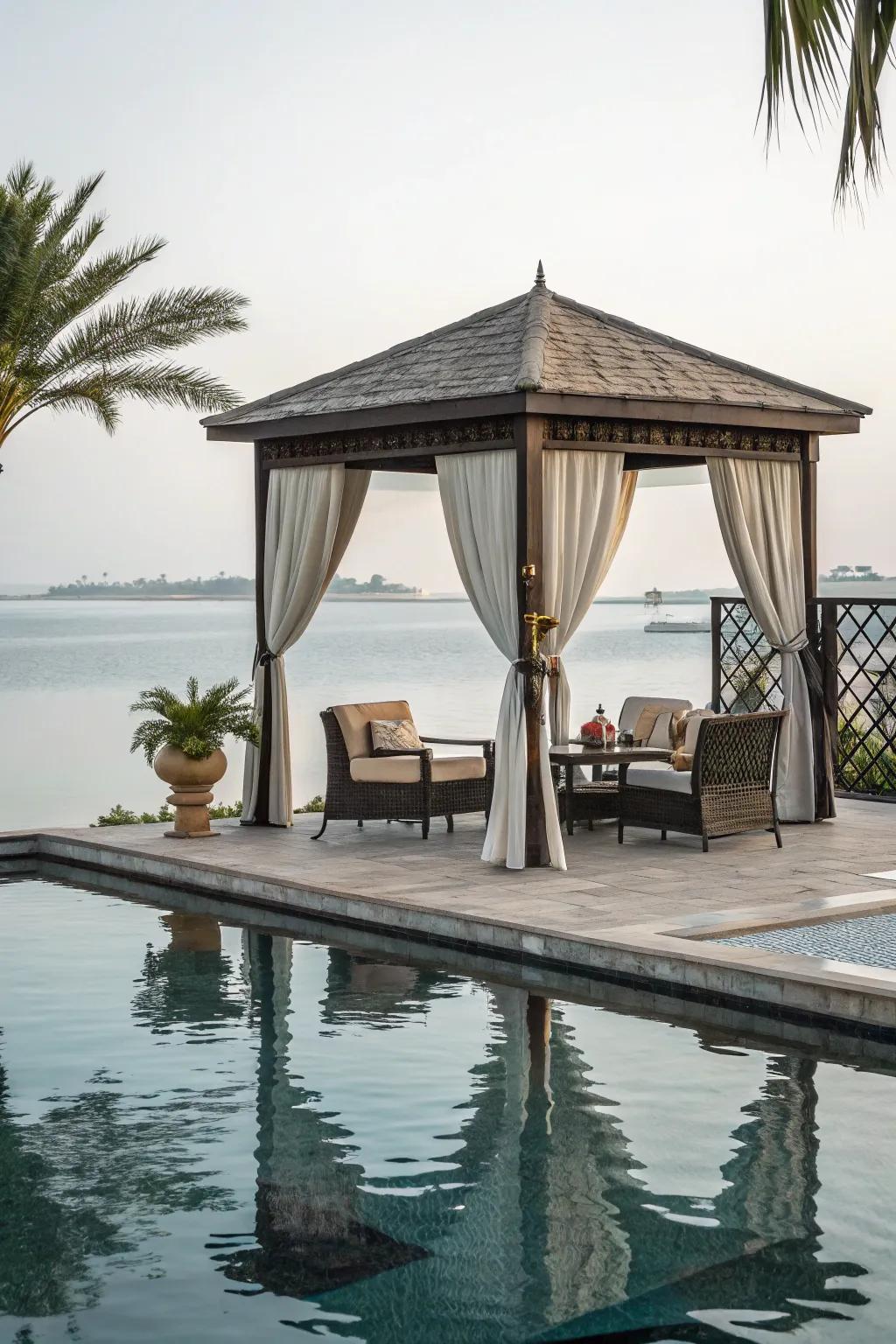 Create a poolside paradise with an elegant gazebo setup.