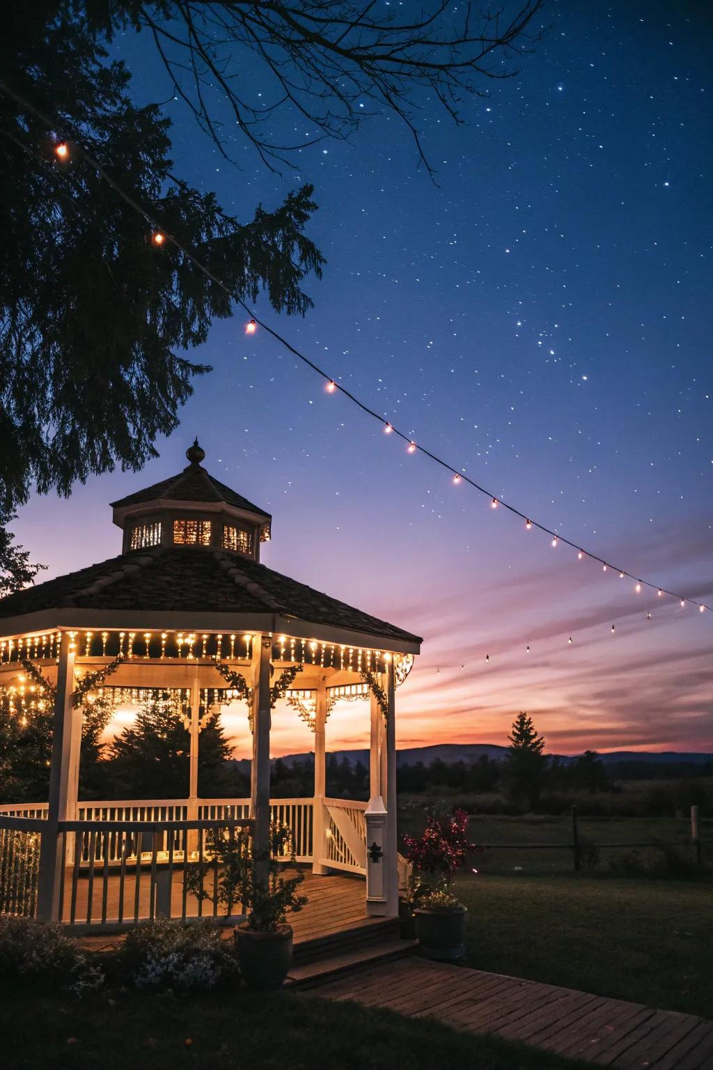A gazebo glowing warmly under a canopy of string lights.