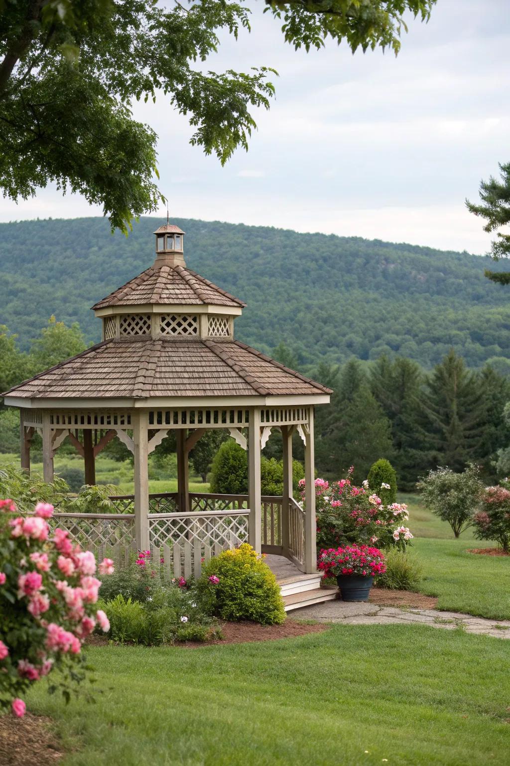 A gazebo beautifully integrated with natural surroundings, offering a serene escape.