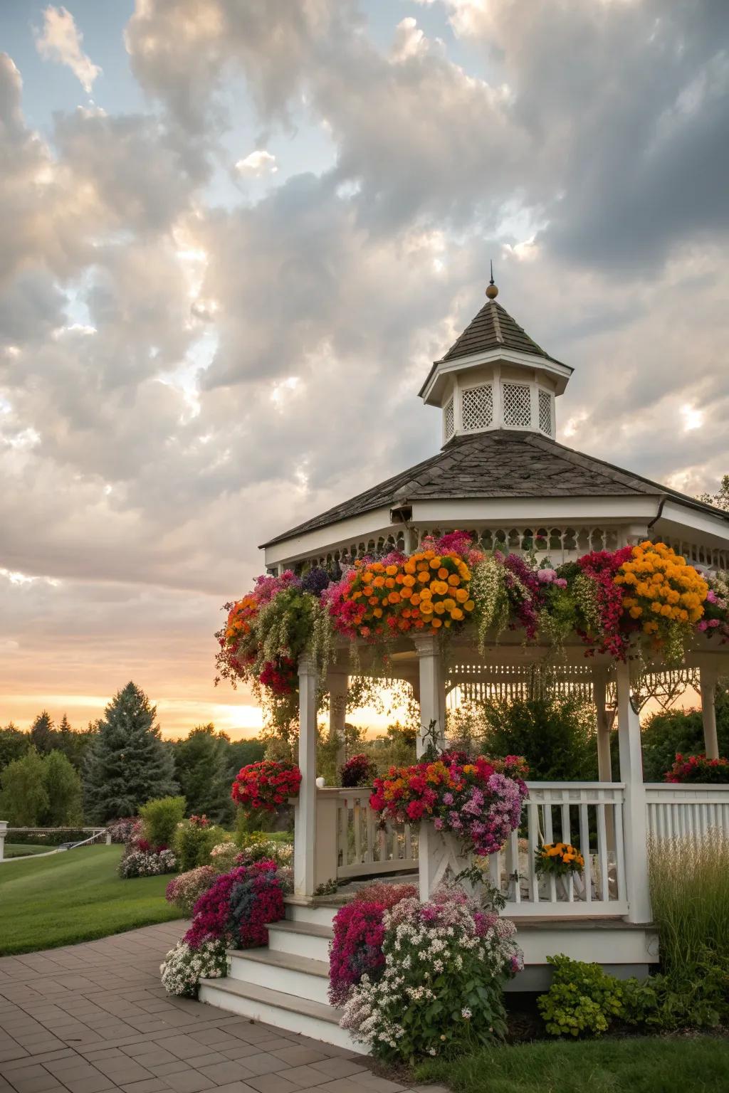 Floral arrangements adding a touch of elegance to a gazebo setting.