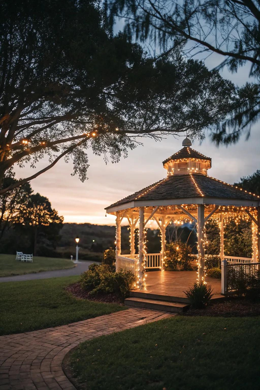 String lights add magical illumination as the sun sets.