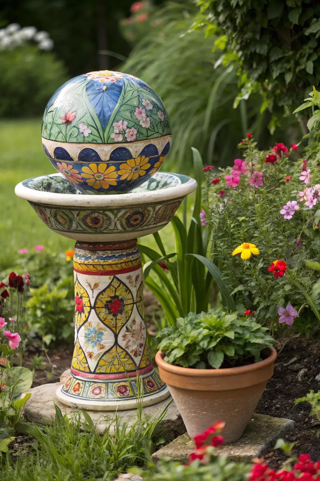 A creative use of a ceramic pot as a stand brings color and style to the garden.
