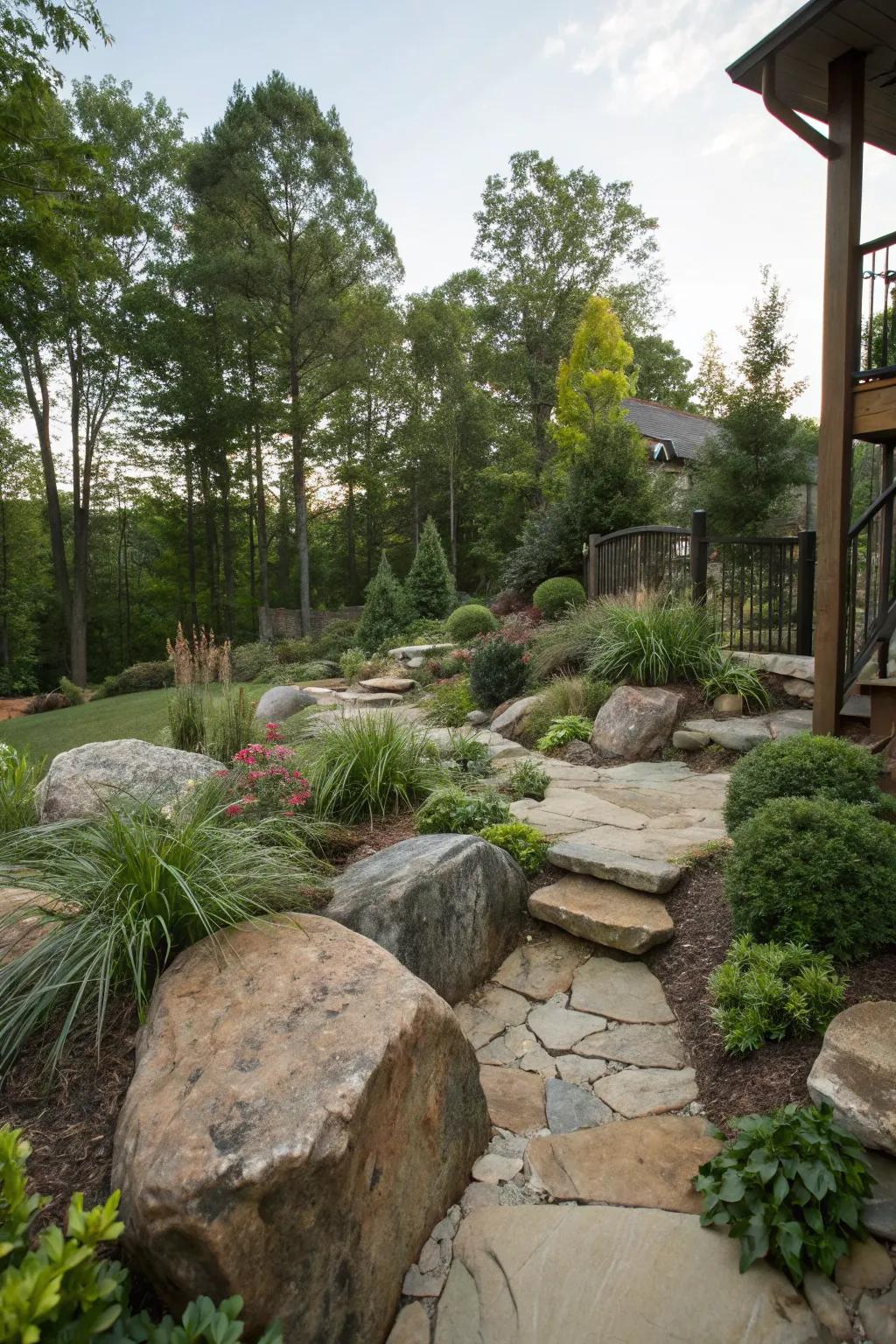 Rocks and boulders add texture and natural beauty.