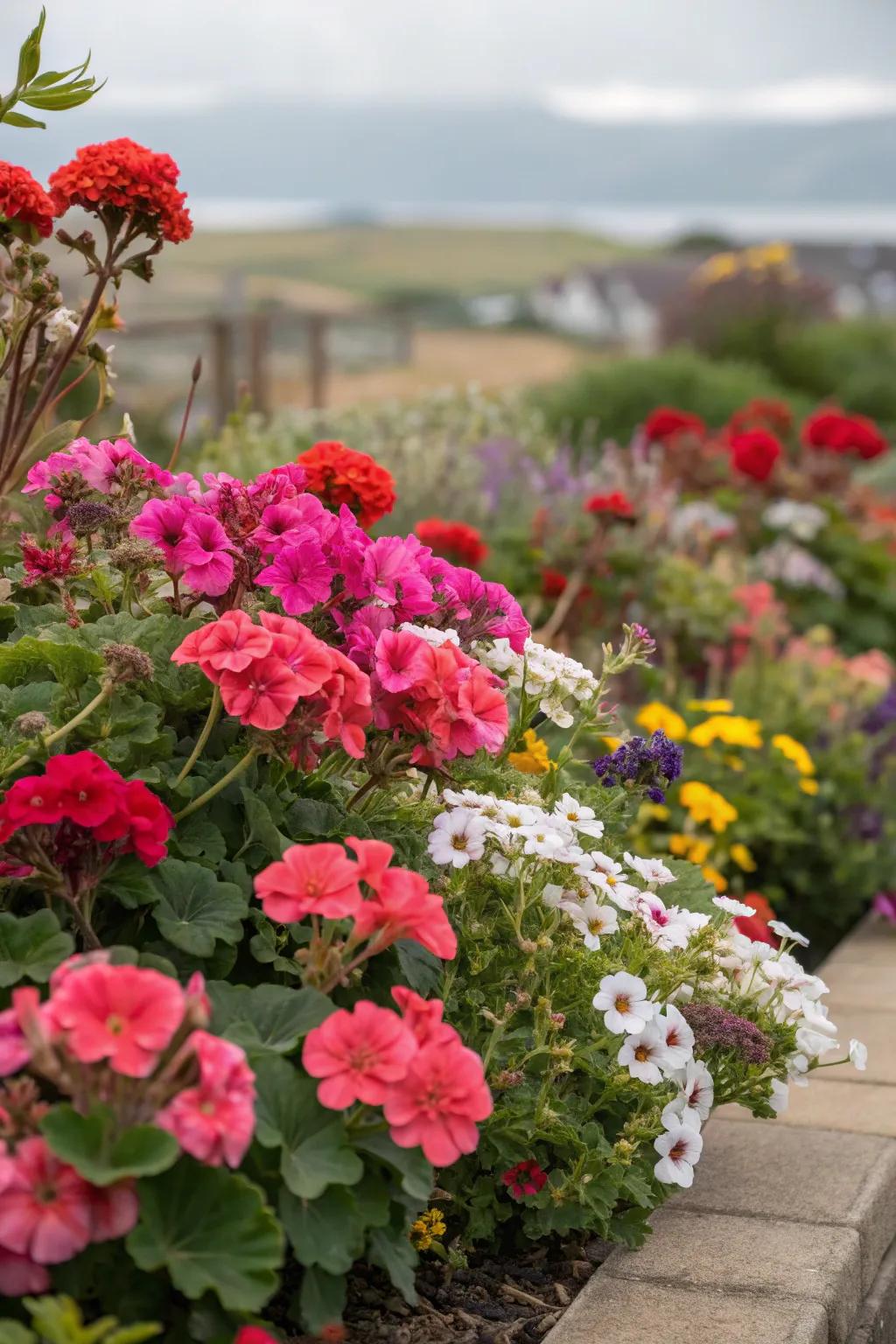 A lush mixed flower bed with geraniums adding a burst of color.
