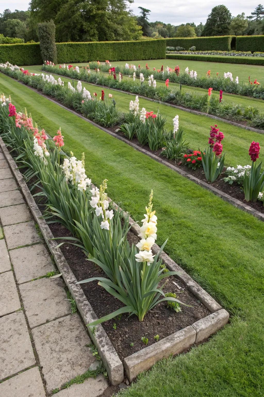 A formal garden bed featuring neatly arranged gladiolus.