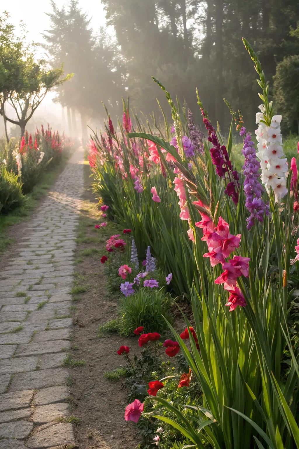 Gladiolus flowers line a garden pathway, adding height and color.