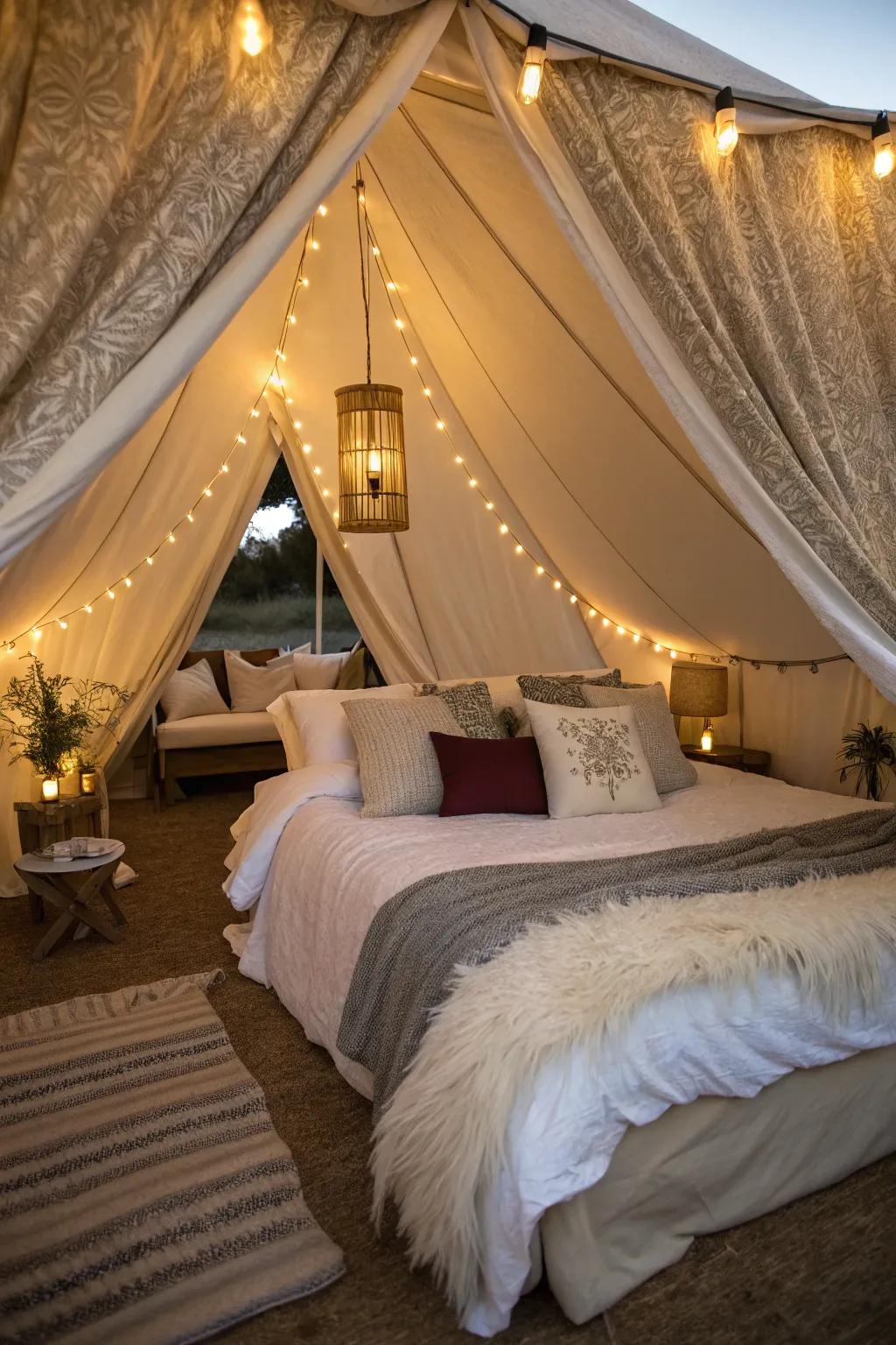 Luxurious bedding provides the ultimate comfort in a glamping tent.