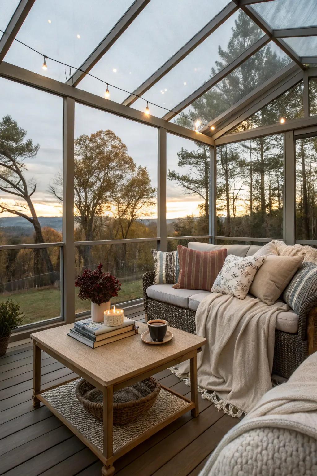 A cozy seating arrangement on a glass porch, ideal for relaxation.