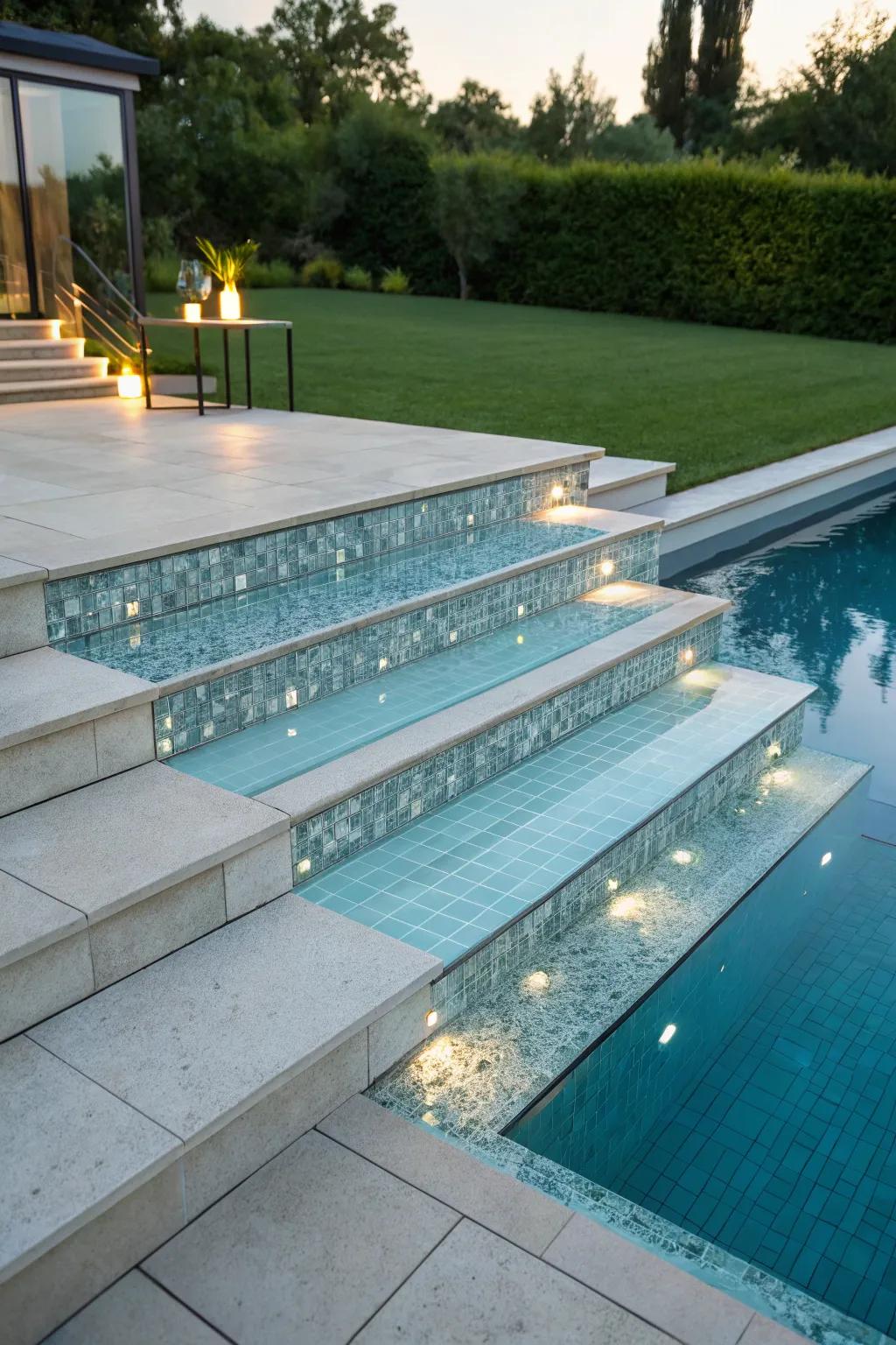 Glass-tiled steps and borders add style and safety to your pool.