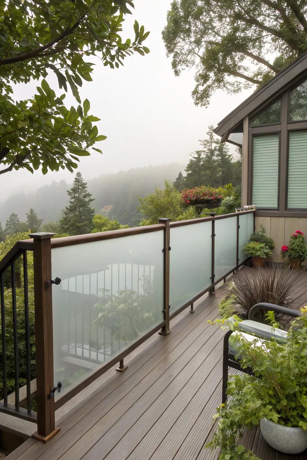 Frosted glass railings creating a dramatic and private deck space.