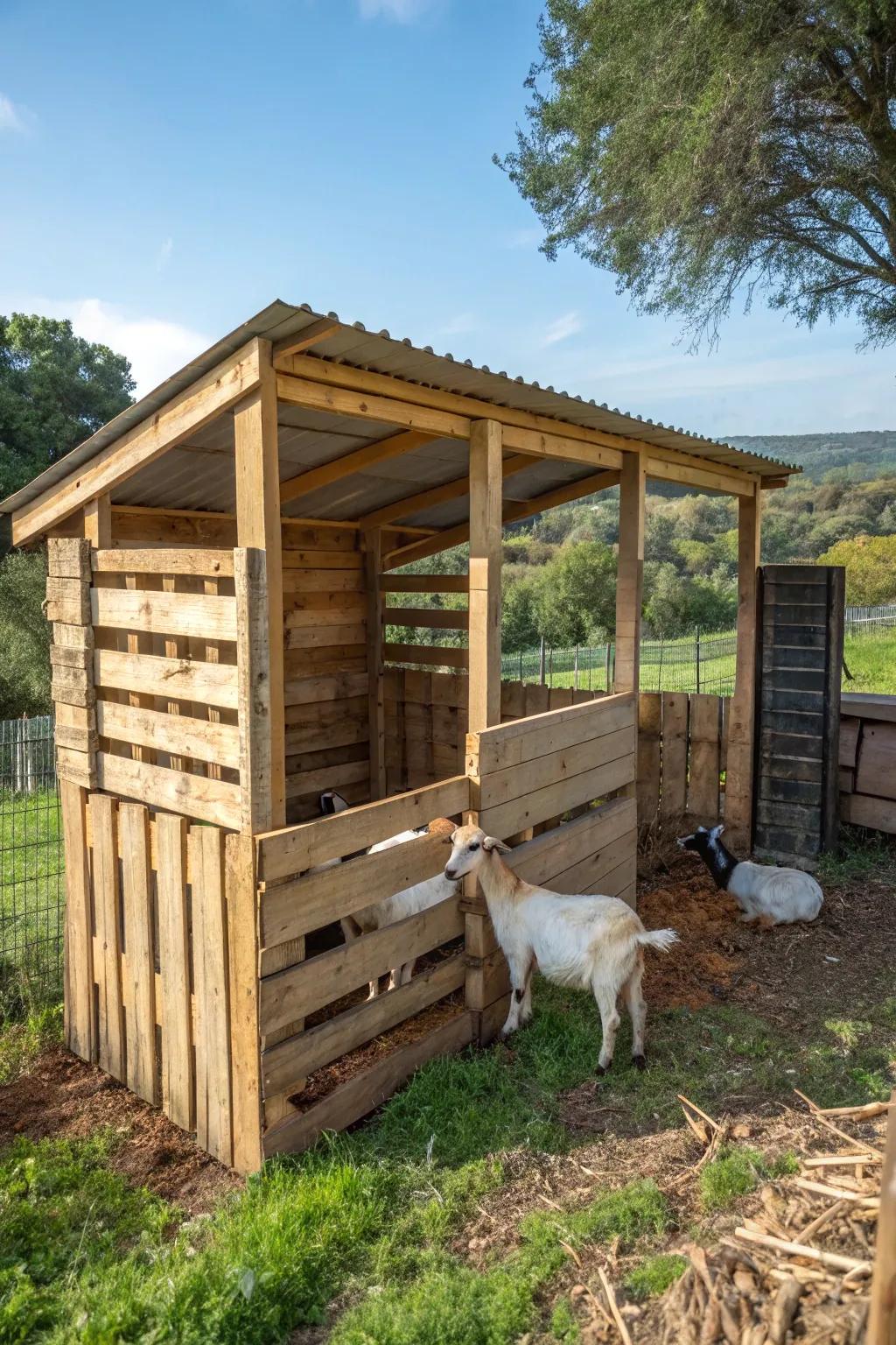 Repurposed pallets for a rustic and budget-friendly pen.