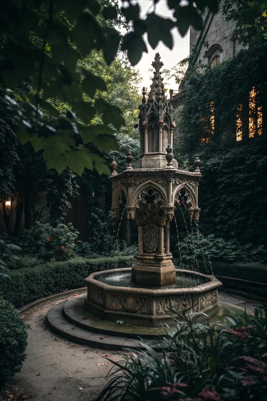 An ornate fountain adds elegance to the garden.