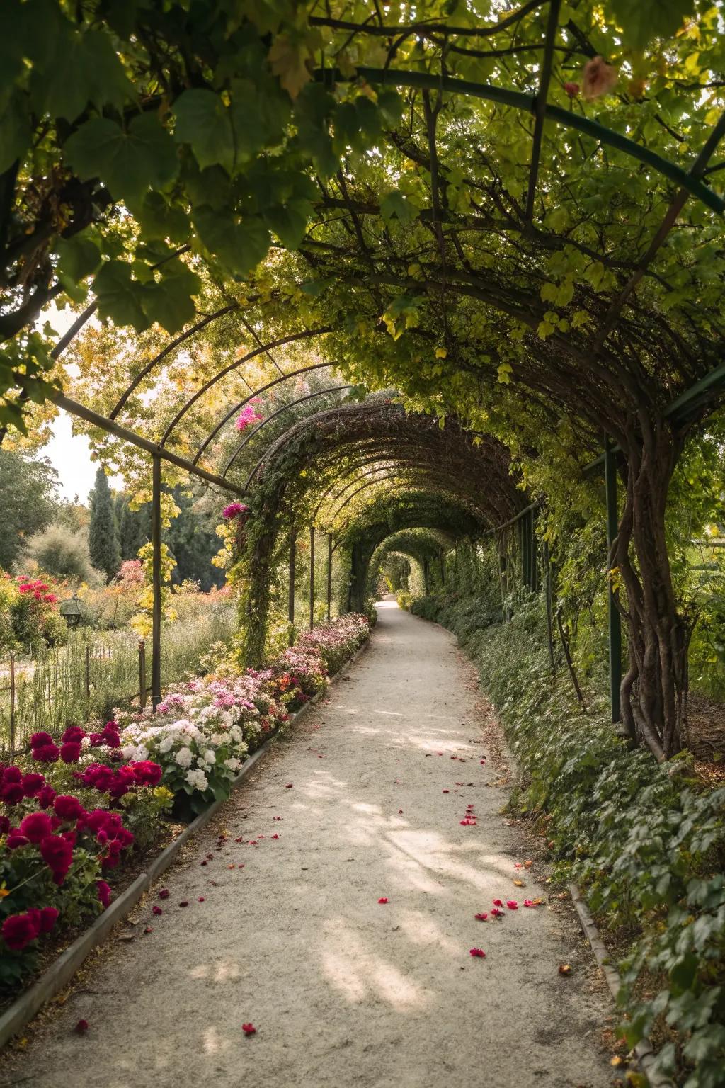 Grapevine arches make for an inviting and magical garden entry.