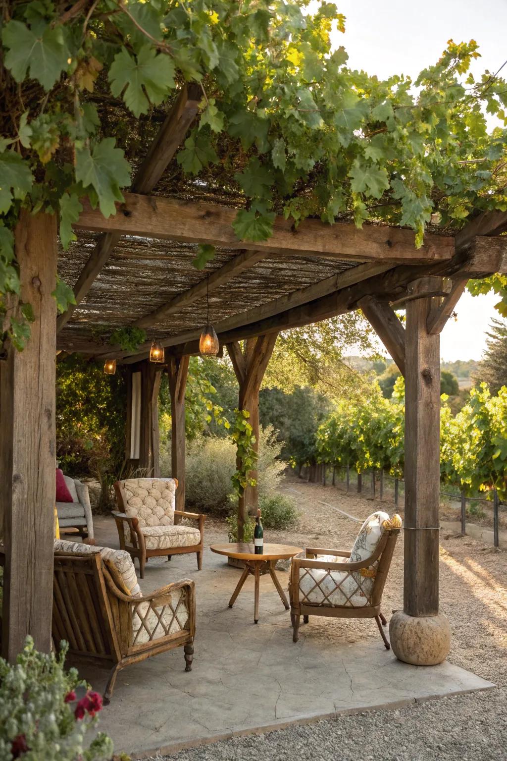 A rustic pergola made from reclaimed wood, full of character and charm.