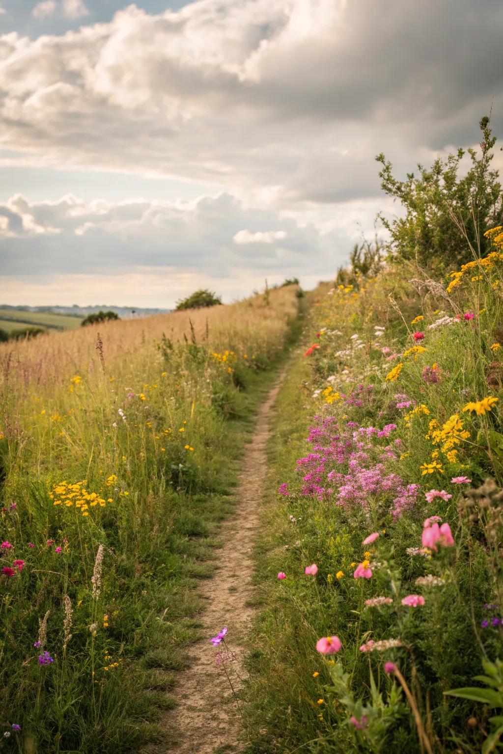 A grassy path beautifully bordered with wildflowers.