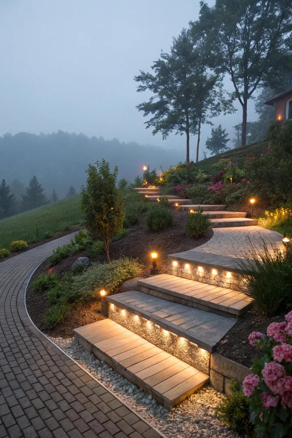 A tiered walkway with lighting adds depth and elegance.