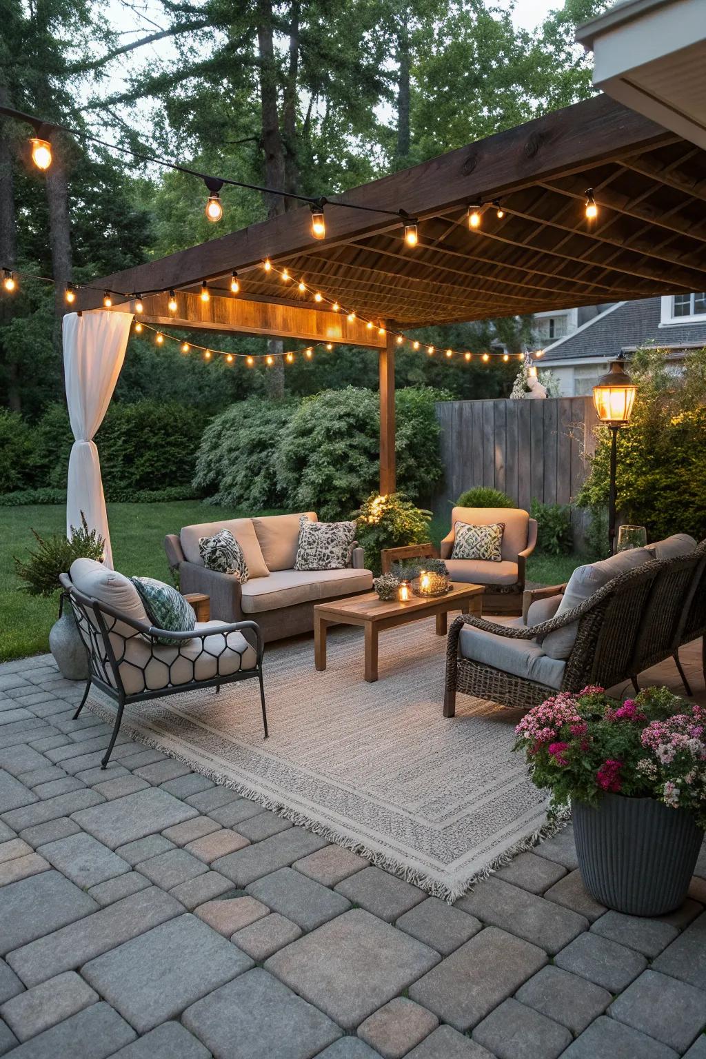 Create a welcoming outdoor living room with paving.