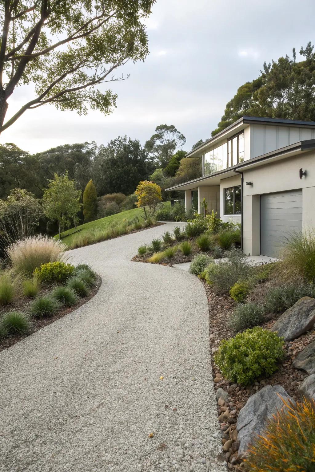 A functional and attractive swale alongside a gravel driveway.