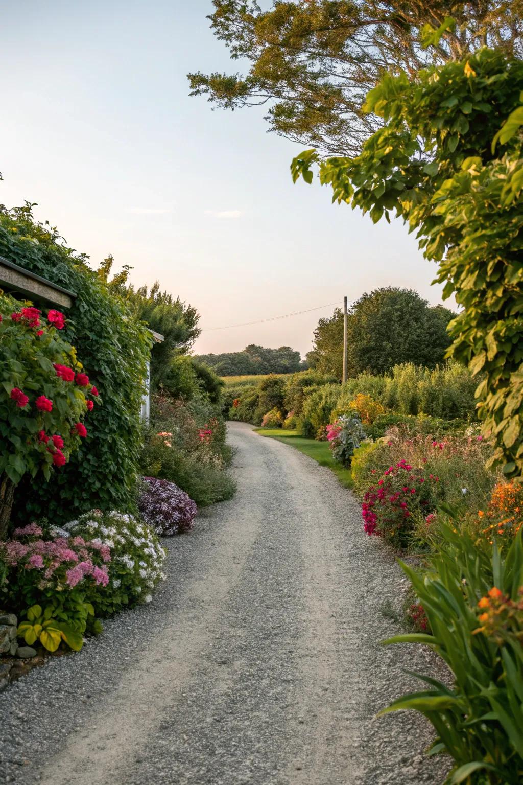 Lush plant borders add a vibrant touch to this gravel driveway.