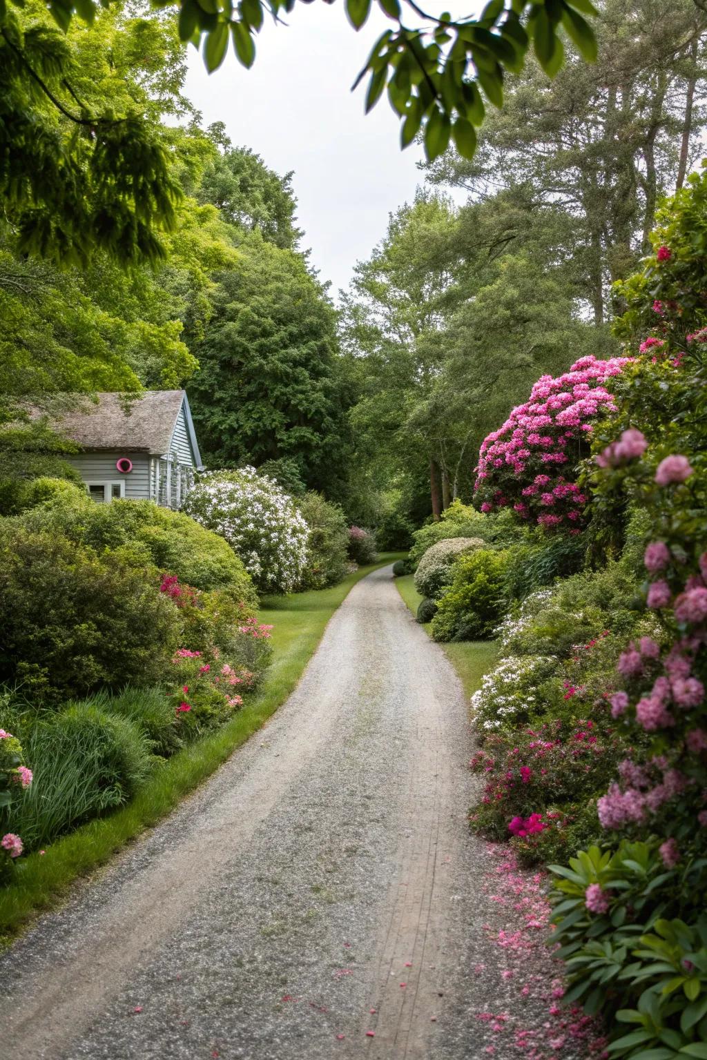 A gravel driveway beautifully enhanced with lush greenery.