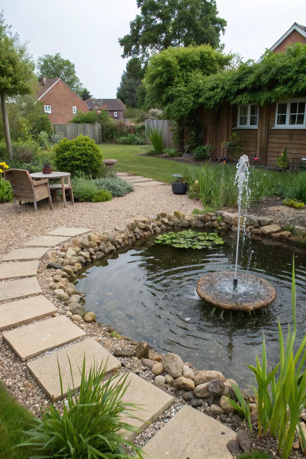 A tranquil water feature nestled in a gravel garden.