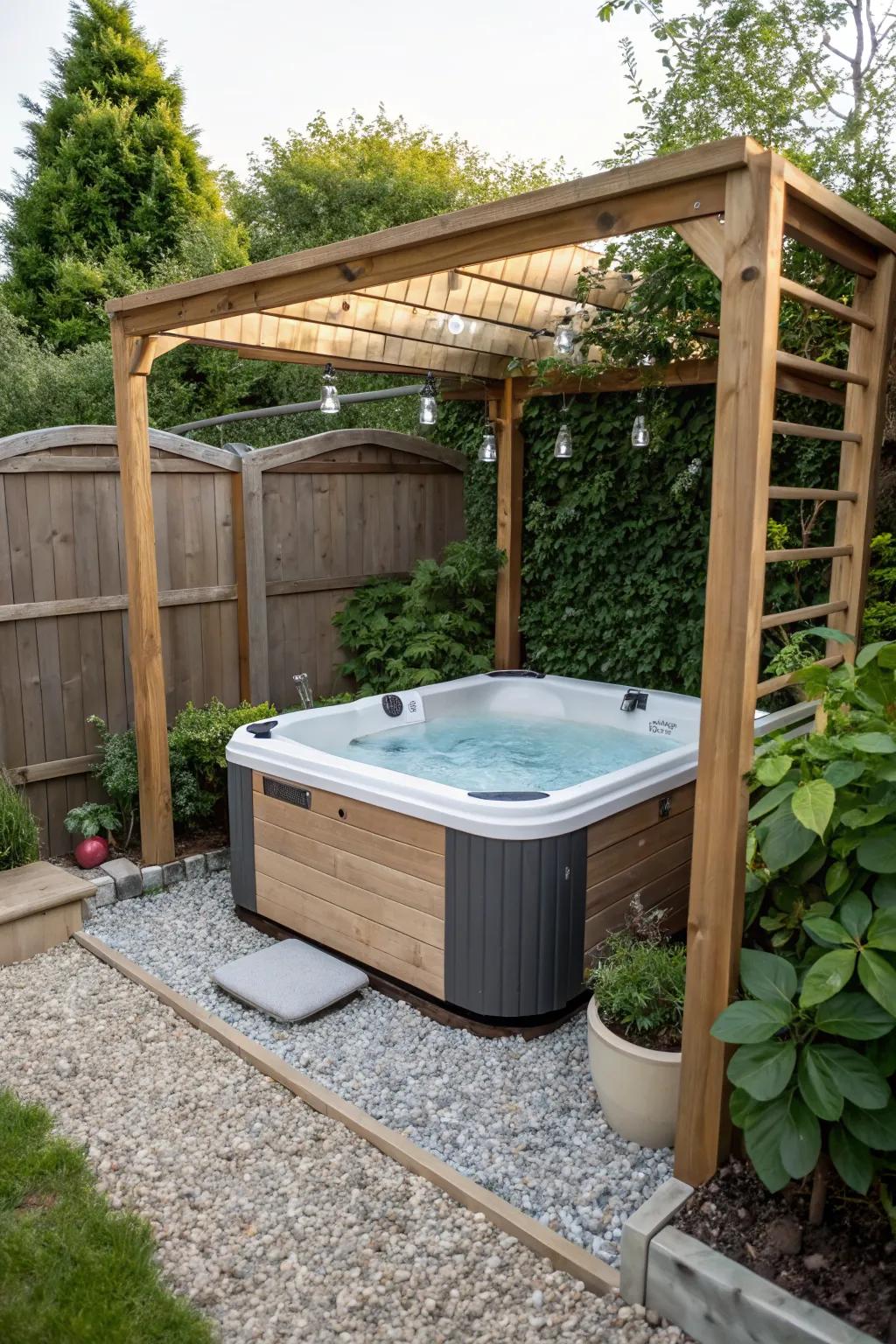 A wooden frame neatly contains the gravel, adding rustic charm.