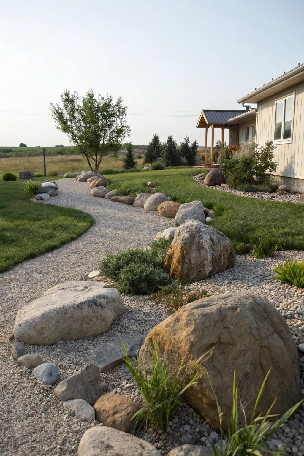Enhance your curb appeal with a mix of gravel and boulders.