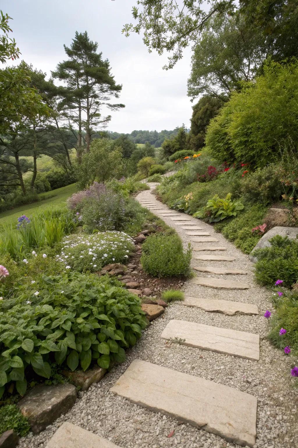 A path of gravel and stepping stones adding texture to the garden.