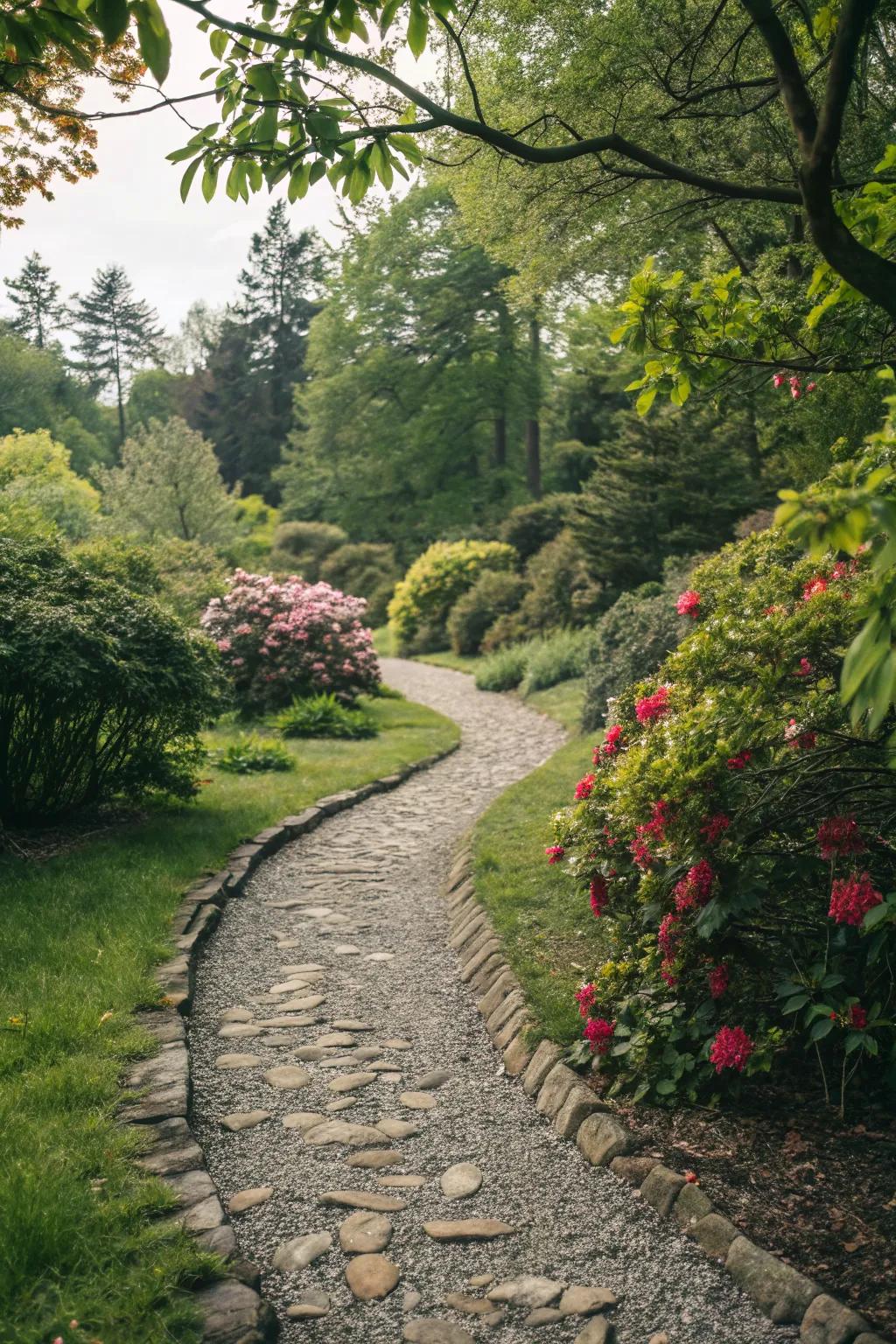 Timeless stone-edged gravel path in a serene garden setting