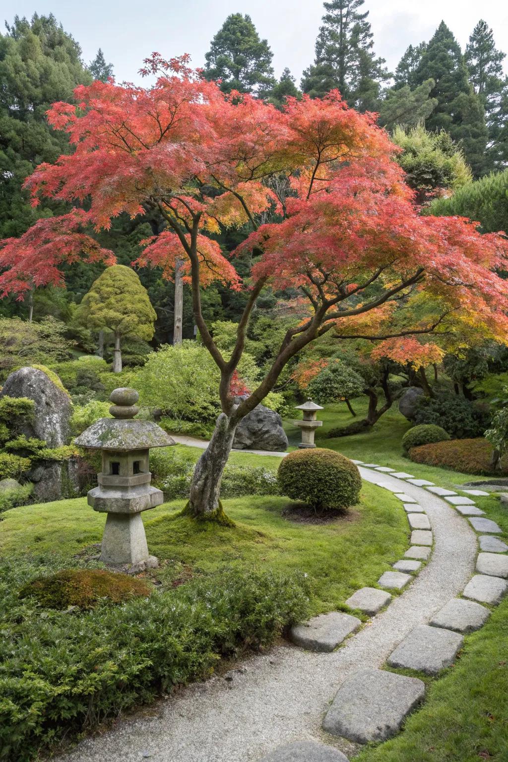 Ornamental trees like Japanese maples add elegance and color