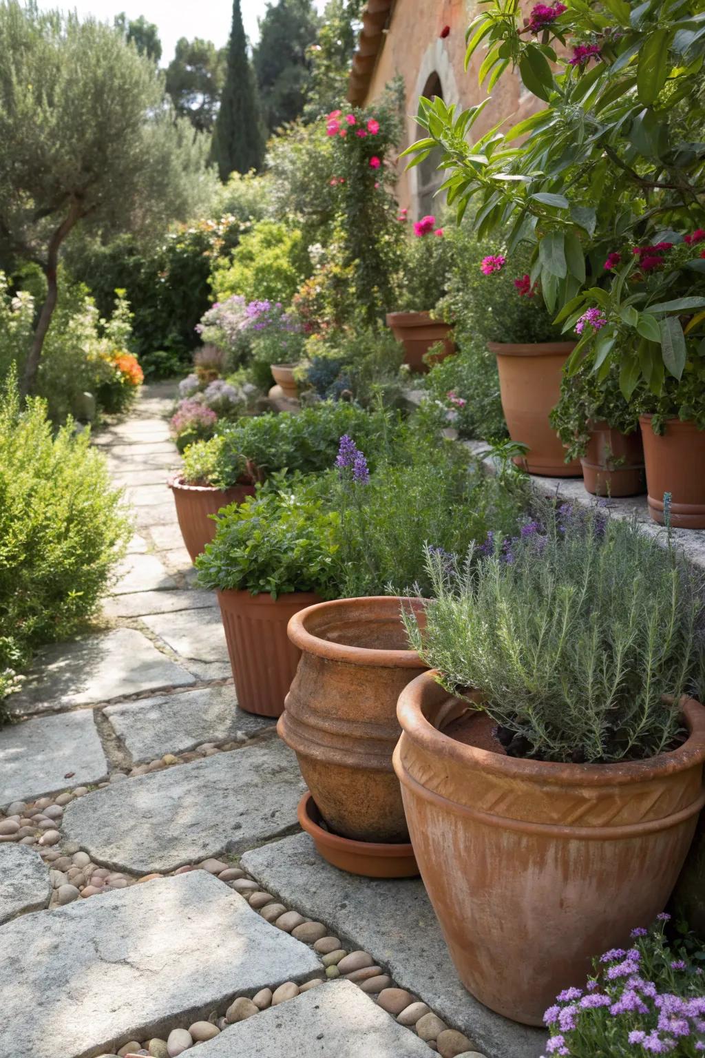 Terracotta pots add warmth and a traditional touch to garden spaces.
