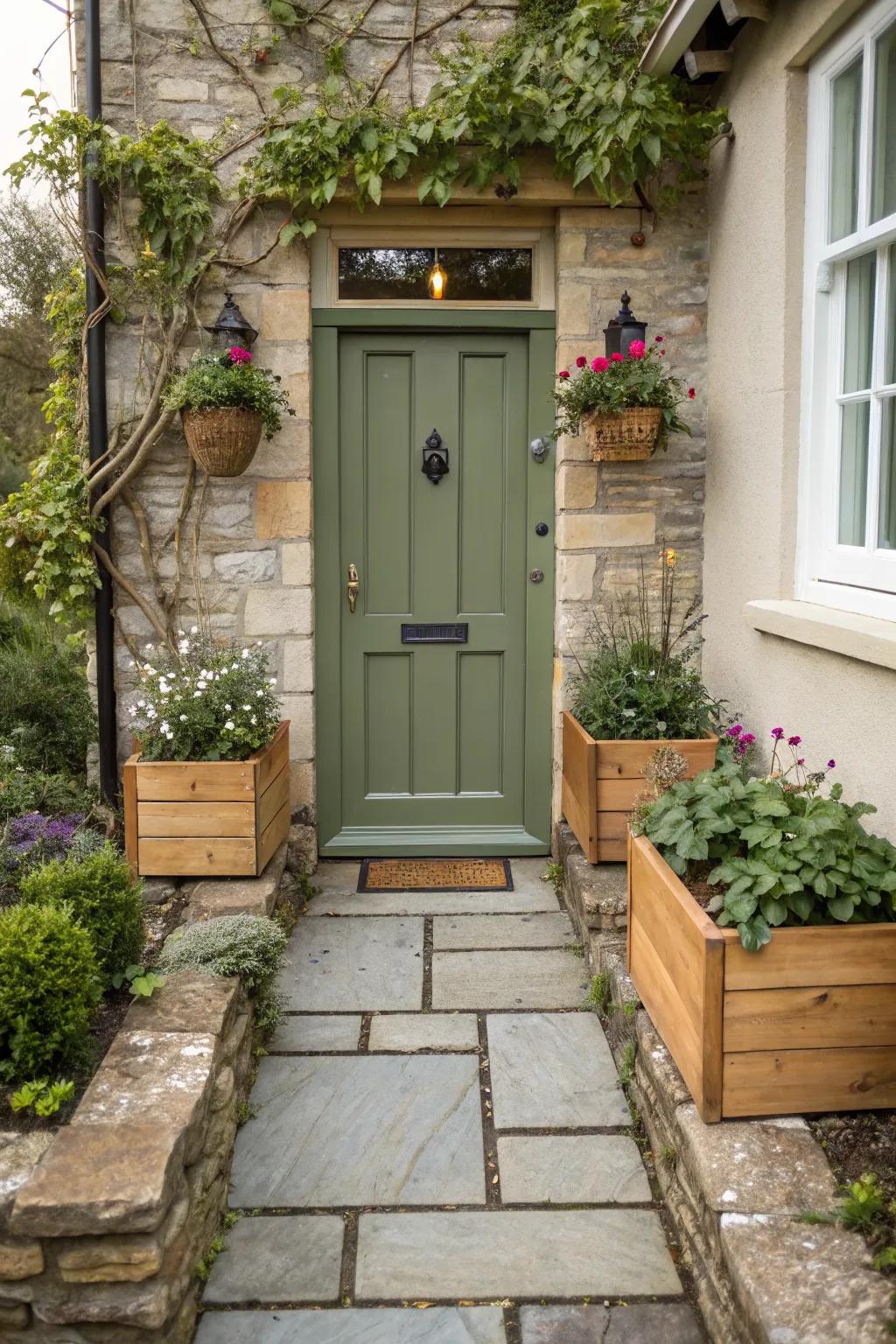 Olive green doors offer a warm, earthy charm.