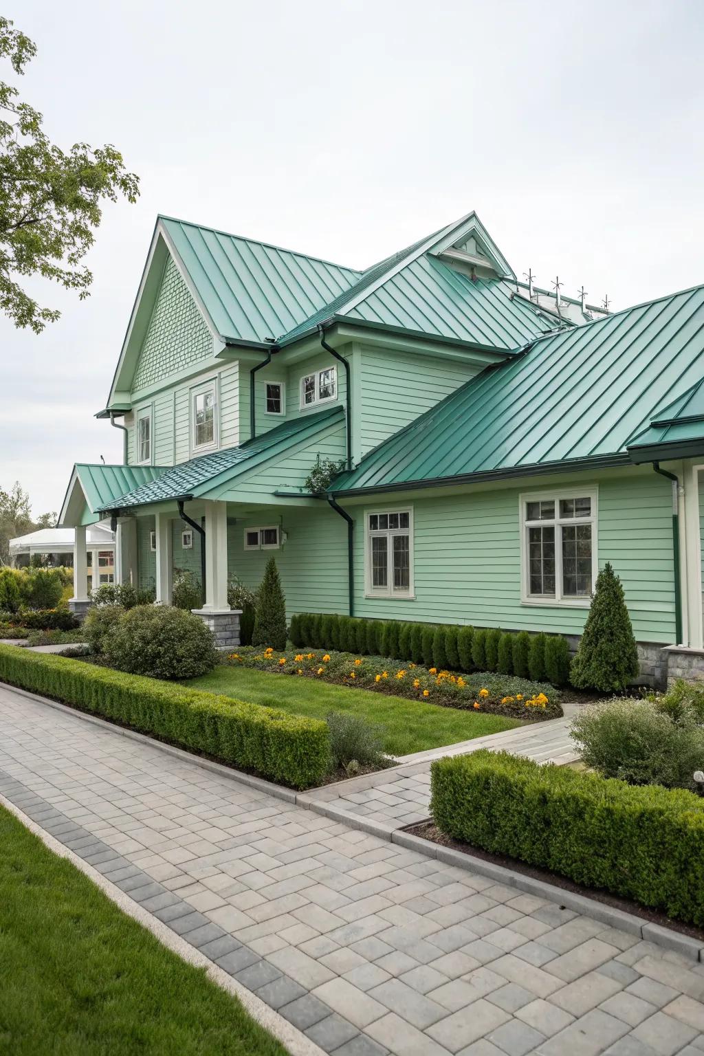 Mint green and metallic accents offer a modern and refreshing exterior.