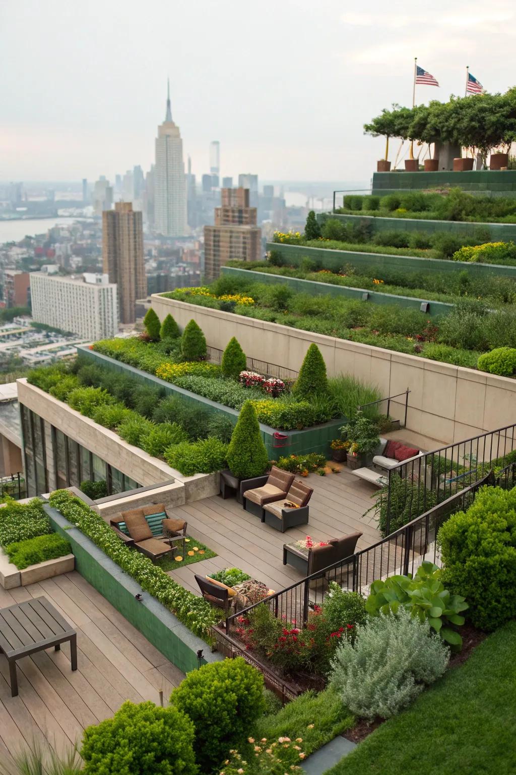 A terraced green roof with layered plantings and inviting seating areas.